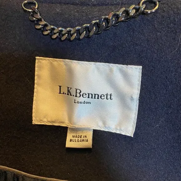 LK Bennett Della Coat Long Double Breasted Wool Cashmere Navy Blue Womens 10 - Picture 7 of 9